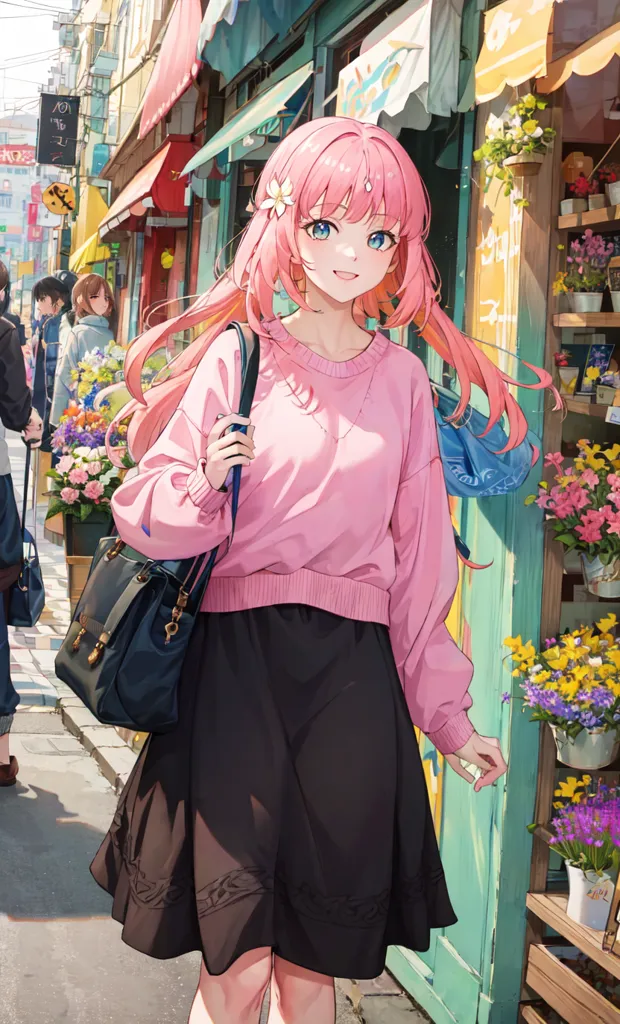 The image is a painting of a young woman with pink hair and blue eyes. She is wearing a pink sweater and a black skirt, and she is carrying a black handbag with a pink strap. She is standing in front of a flower shop, and there are flowers of all different colors around her. The background of the image is a street with people walking on it. The painting is done in a realistic style, and the colors are vibrant and lifelike.