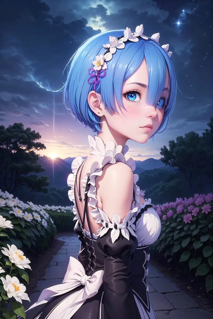 The image is a painting of a young woman with blue hair and eyes. She is wearing a black and white maid outfit with a white apron. There are flowers in her hair and around her. The background is a sunset over a field of flowers. The painting is in a realistic style and the woman is depicted with soft, delicate features. She is looking at the viewer with a slightly melancholic expression.