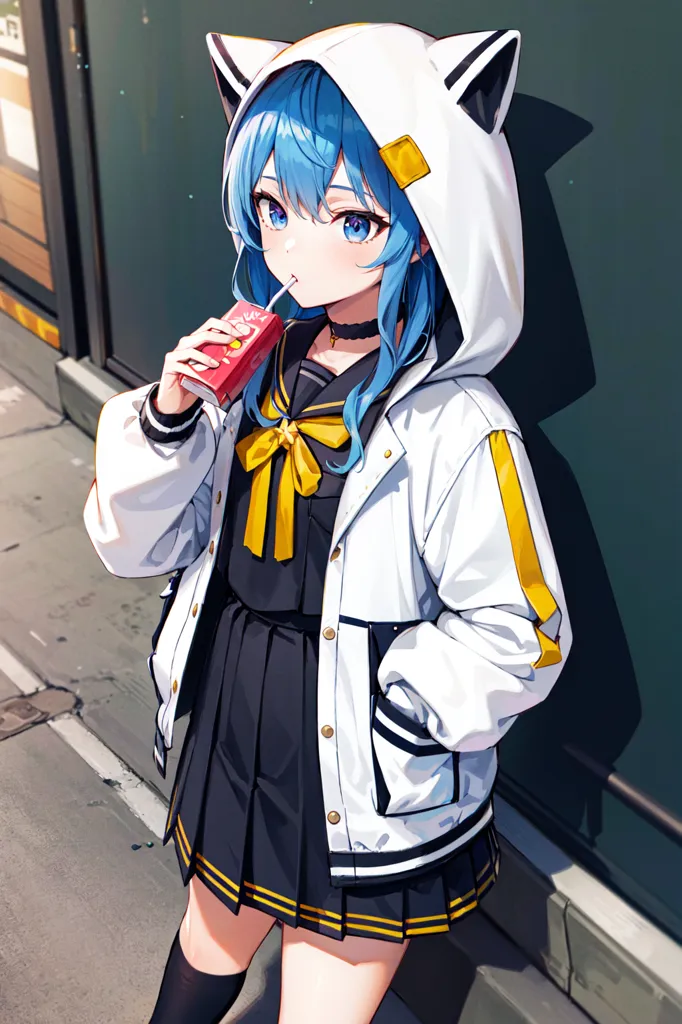 The image is of a young woman with blue hair and cat ears. She is wearing a white and blue hoodie, a black skirt, and a yellow bow. She is drinking from a red juice box. She is standing in front of a stone wall with a door on the left.