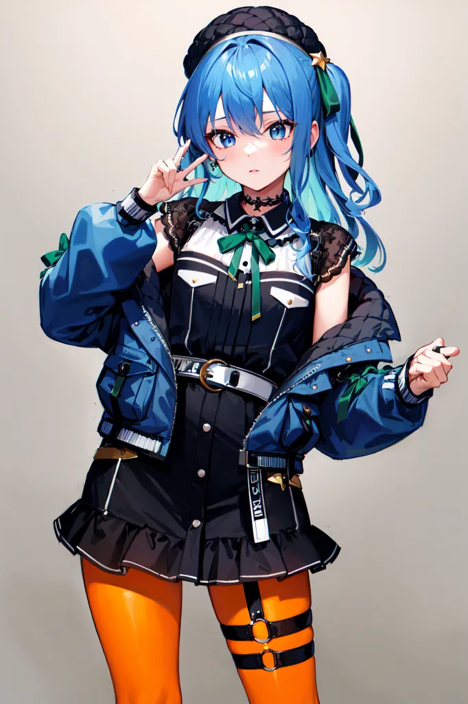 The image is of a young woman with bright blue hair, blue eyes, and a slight blush on her cheeks. She is wearing a black dress with a white collar and a blue jacket with green and white accents. She is also wearing orange stockings and black boots. Her hair is tied back in a ponytail with a green ribbon. She is making a peace sign with her right hand and has the other hand by her side.