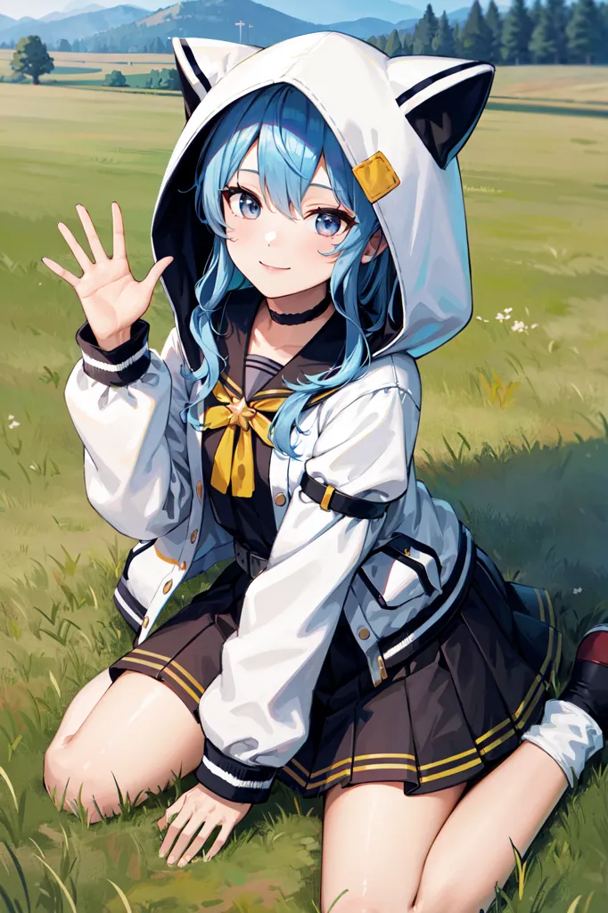 The image is of a young girl with cat ears on her hood. She is wearing a white and blue hoodie, with a yellow bow on the collar. She has a black skirt and red shoes. She is sitting on the grass, with one hand raised in the air, as if she is waving. She has a smile on her face. In the background is a field of grass and trees, with mountains in the distance.