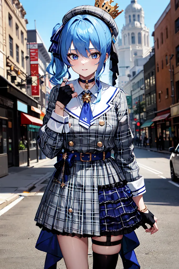 This is an image of an anime girl with blue hair and blue eyes. She is wearing a blue and gray plaid dress with a white collar and a blue belt. She is also wearing a blue hat with a crown on it. She is standing in a city street with buildings on either side of her. There are cars parked on the street and people walking around. The sky is blue and there are white clouds in the sky.