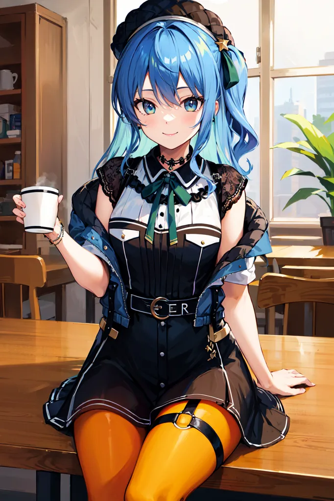 The image is of a young woman with blue hair and yellow eyes. She is wearing a beret, a black and white dress, and orange stockings. She is sitting at a table and is holding a cup of coffee. There is a plant in the background.