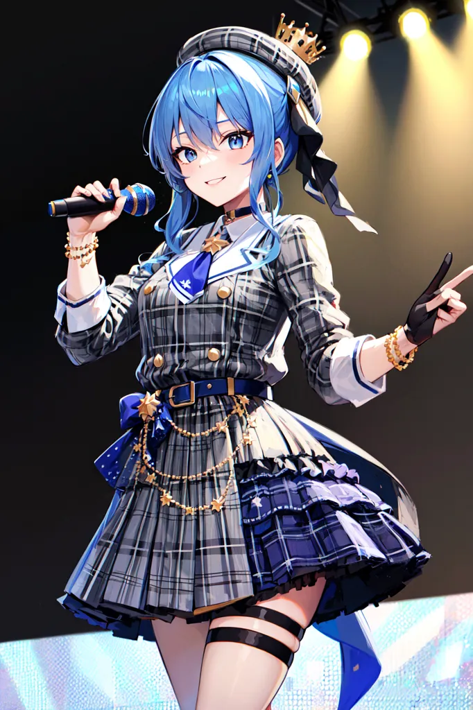 This is an illustration of a young woman with blue hair, blue eyes, and a crown on her head. She is wearing a gray and blue plaid dress with a white collar and a blue bow. She is also wearing a pair of black stockings and a pair of black boots. She is holding a microphone in her right hand and is pointing with her left hand. She is standing on a stage with a spotlight shining on her. There are also three spotlights in the background.