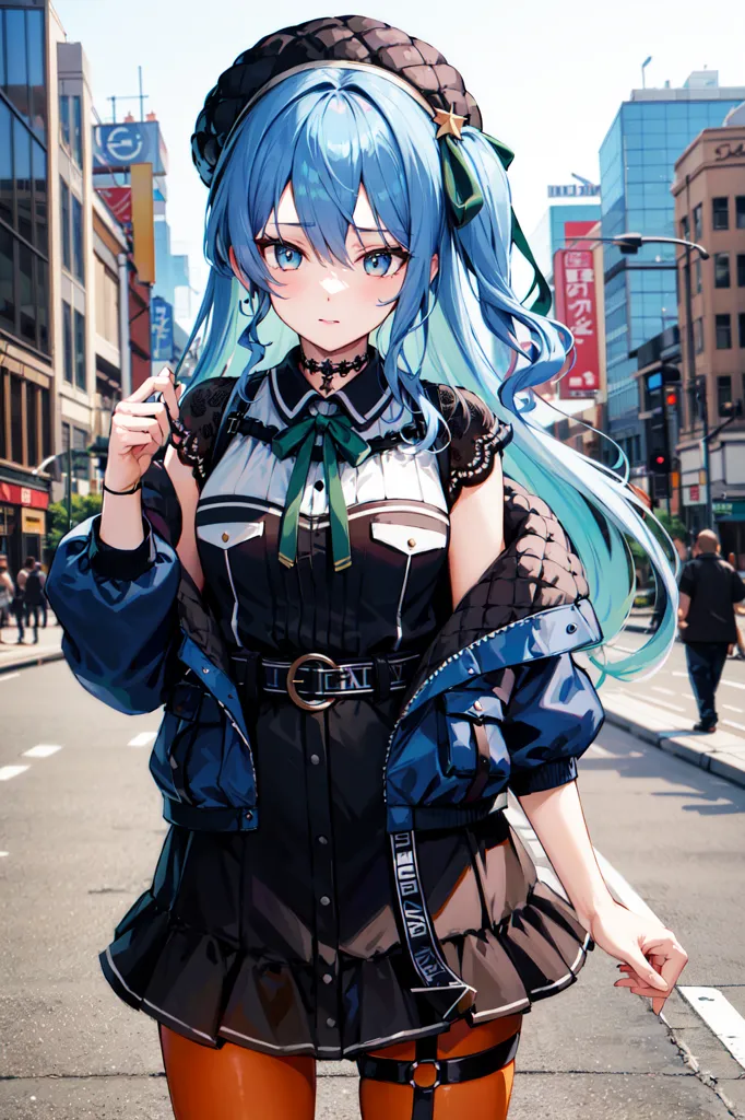 The image is of a young woman with blue hair and blue eyes. She is wearing a black dress with a white collar and a blue jacket. She is also wearing a black beret and a green bow in her hair. She is standing in a city street with a building in the background.