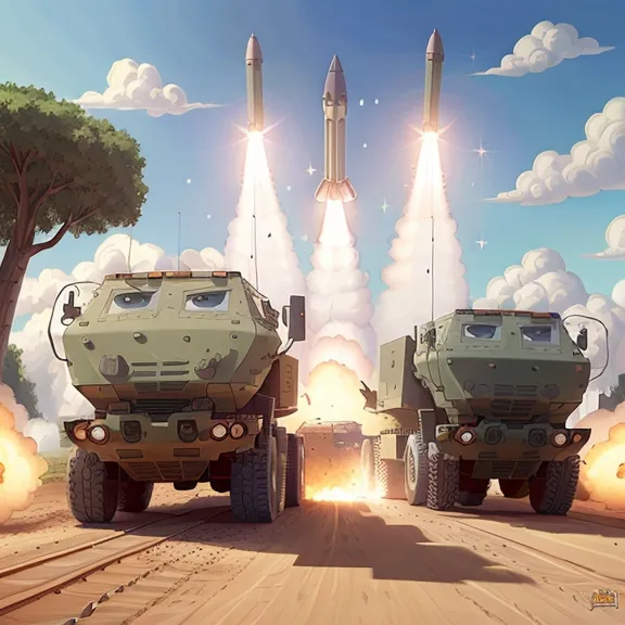 The image shows two military vehicles launching missiles. The vehicles are green and have cartoonish eyes. The missiles are large and have red and white stripes. The vehicles are driving on a road in a desert. There are trees and clouds in the background.