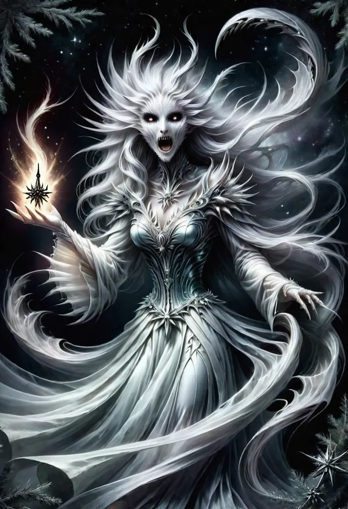 This is an image of the Snow Queen. She is a tall, beautiful woman with long white hair and blue eyes. She is wearing a white dress with a high collar. She is standing in a snowy forest, and she is surrounded by snowflakes. She is holding a staff in her hand, and she is looking at the viewer with a cold, expressionless stare.