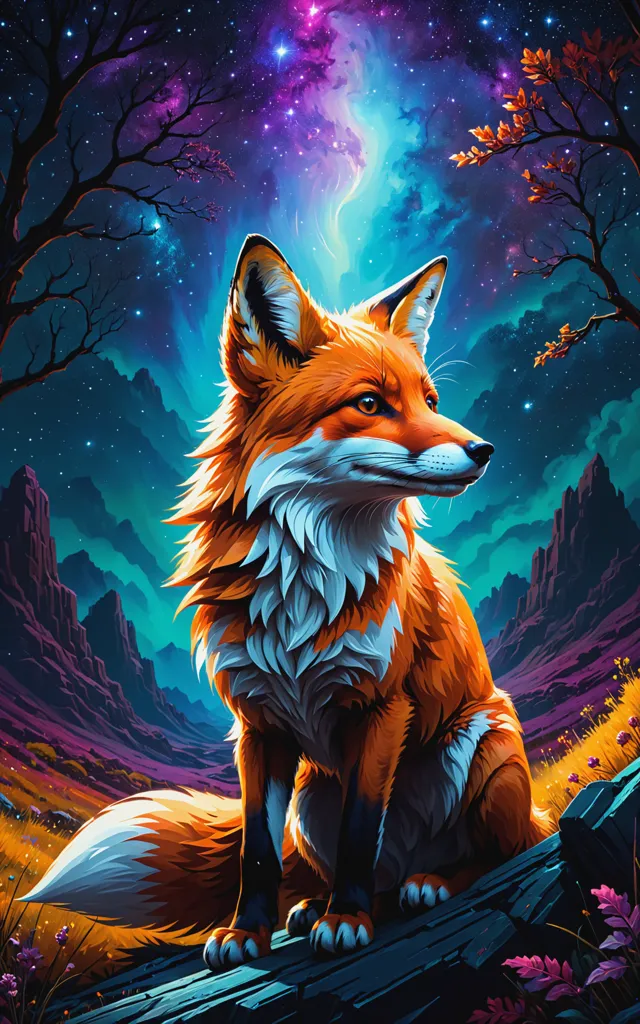 The fox is sitting on a rock in the middle of a field. The background is a night sky with stars and a blue and purple nebula. The fox is looking to the right of the frame. It has a white tip on its tail and white and light blue fur on its chest and paws. The fur on its back and head is orange and dark red. The eyes are yellow.