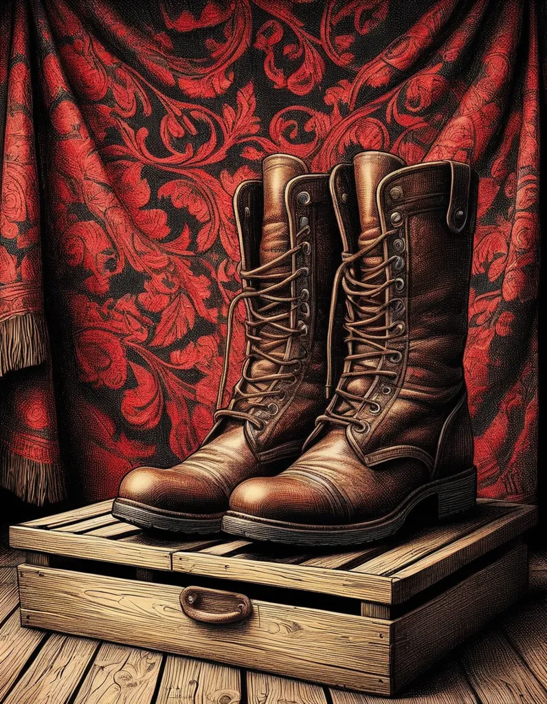 A pair of brown leather boots sit on a wooden box against a red patterned background. The boots are laced up and have a worn look to them. The box is old and weathered. The background is a deep red color with a floral pattern.