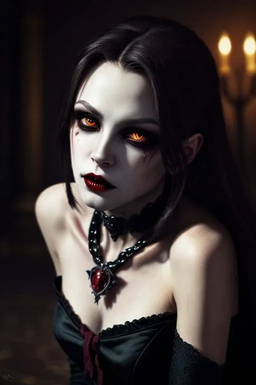 The image is of a beautiful young woman, with long black hair, red eyes, and pale skin. She is wearing a black dress with a red sash and a necklace with a red gem in the center. The background is dark, with two candles on a table behind her. The woman is looking at the viewer with a seductive expression on her face.