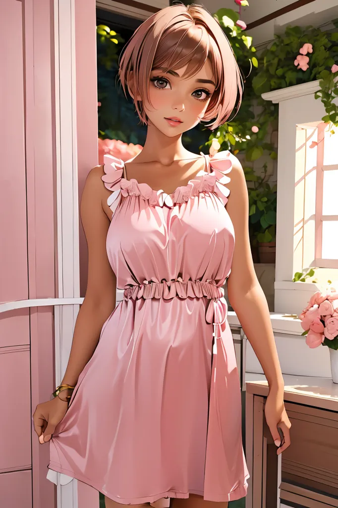 The image shows a beautiful anime girl with short brown hair and brown eyes. She is wearing a cute pink dress. The girl is standing in a room with a pink wall and a white door. There are some flowers on the table next to her. The girl has a gentle smile on her face and looks very happy.