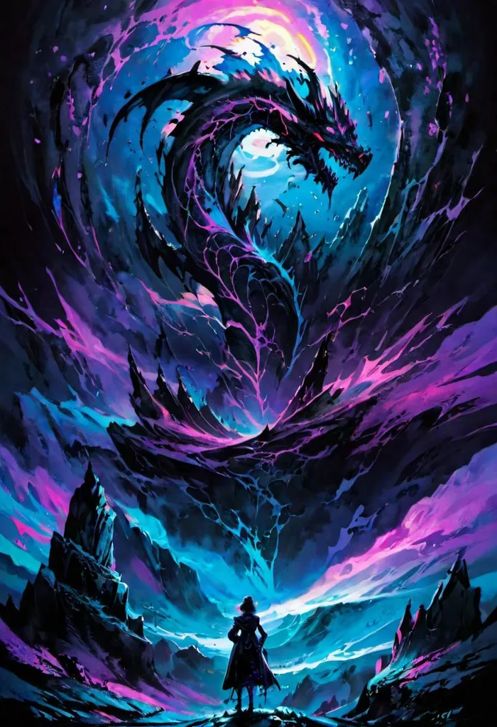 The image is a fantasy landscape with a large black dragon flying in the sky. The dragon is surrounded by dark clouds and lightning. There is a figure standing on the ground in front of the dragon. The figure is wearing a long black coat and has a sword. The background is a dark blue sky with bright, shining stars.