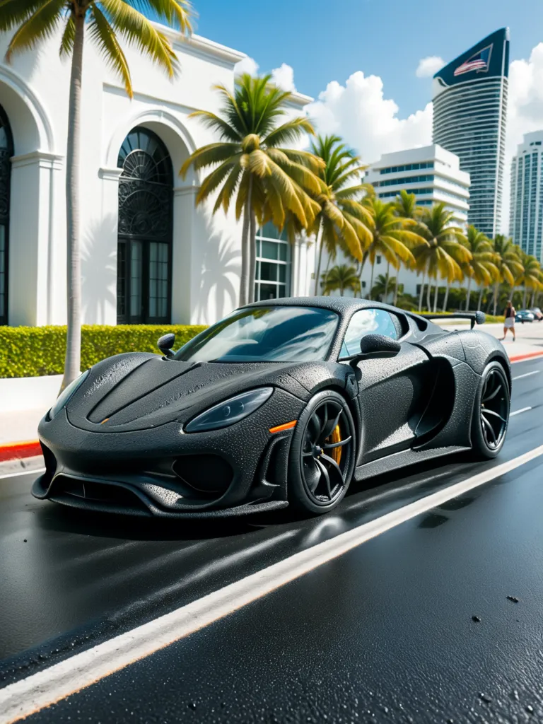 A black sports car is driving on a wet road, next to a white building. The car is a modern design, with sharp angles and a low profile. The road is lined with palm trees, and the sun is shining brightly. The car is moving quickly, and the water on the road is splashing up behind it. The car is a dark color, and the water droplets on the car are reflecting the light. The car is also very reflective, and the buildings and trees are reflected in the car's surface. The car is a very sleek and stylish design, and it is clear that it is a very powerful car.