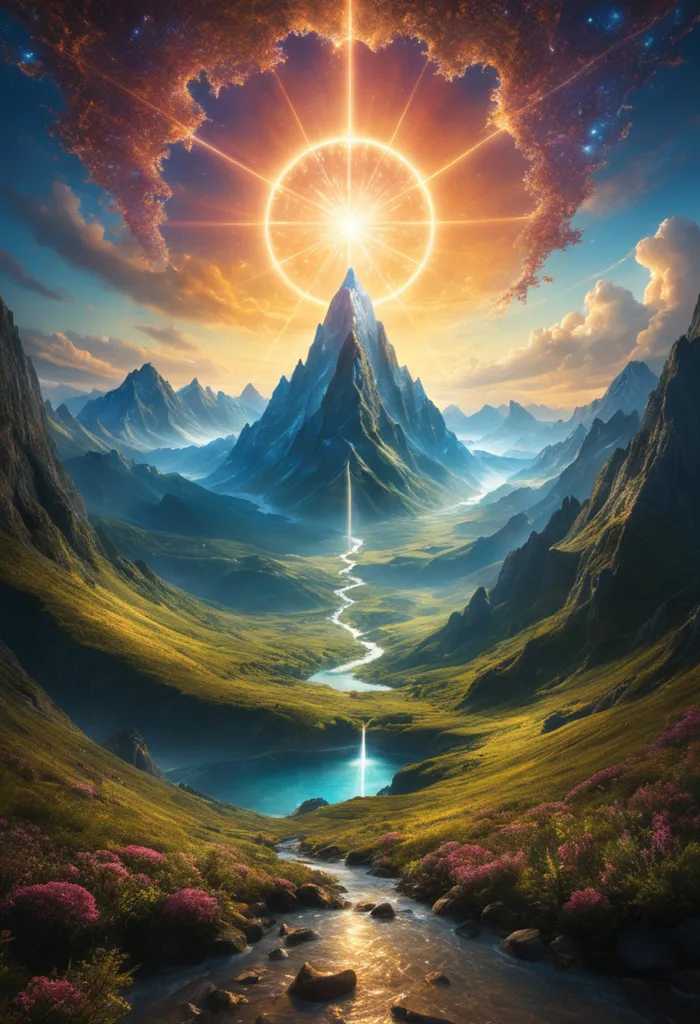 The image is of a mountain landscape. There is a tall mountain in the center of the image, with a river flowing down from it. The mountain is surrounded by lush green hills and forests. The sky is a clear blue, with a few clouds dotting the horizon. There is a bright light shining down from the sky onto the mountain.