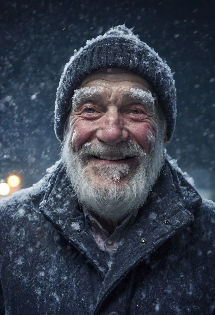 The old man smiled as the snow fell on his face. He was wearing a blue beanie and a black coat. His beard was long and white, and his eyes were a deep blue. The snow was falling heavily, and it was starting to stick to the ground. The old man didn't seem to mind the cold. He just stood there, smiling and enjoying the snow.