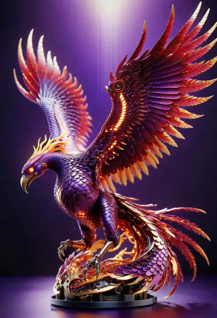 The image shows a mechanical phoenix with its wings spread wide. The body is made of metal and the wings are made of feathers. The feathers are a gradient of red orange yellow and purple. The eyes are red and the beak is gold. The background is purple with a spotlight shining down on the phoenix.