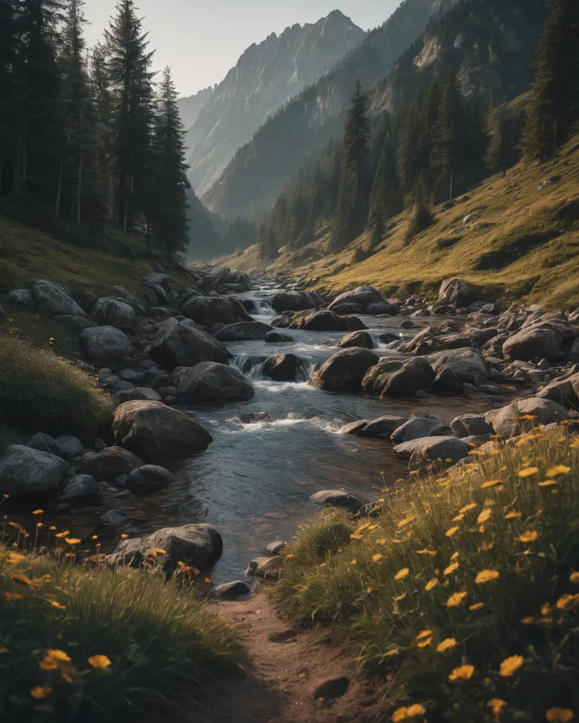 The image shows a beautiful mountain landscape with a river flowing through a valley. The river is surrounded by large rocks and boulders, and the banks are covered in lush green grass and yellow flowers. In the background, there are tall mountains covered in snow. The sky is blue with hazy clouds. The scene is peaceful and serene, and the viewer can almost feel the fresh air and the sound of the rushing water.