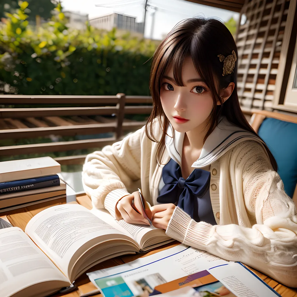 The image shows a young woman sitting at a desk, reading a book. She has long brown hair, brown eyes, and is wearing a white cardigan sweater. The background is blurry, but it looks like there are trees outside the window. The woman is holding a pen and looks thoughtful. She is probably studying for an exam.