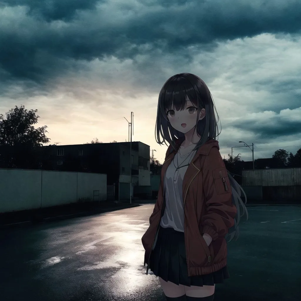 La imagen es un dibujo de estilo anime de una chica de pie en un estacionamiento vacío. La chica lleva una camisa blanca, una chaqueta roja y una falda negra. Tiene el cabello largo y castaño y ojos marrones. El estacionamiento está rodeado de edificios altos y el cielo está oscuro y nublado. La chica mira a la cámara con una expresión sorprendida en su rostro.