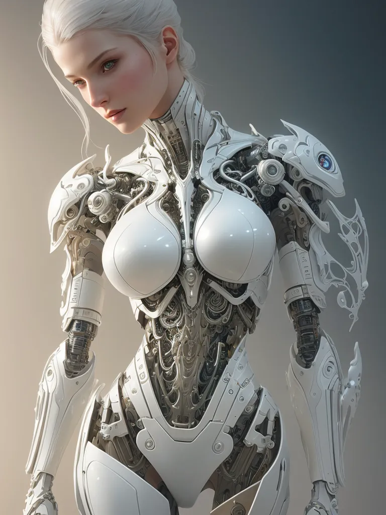 The image is a digital painting of a female android. She has pale skin, white hair, and blue eyes. She is wearing a white bodysuit that is partially transparent, revealing her internal machinery. Her face is expressionless, and her body is posed in a way that is both elegant and somewhat cold. The background is a dark, neutral color that does not distract from the android. The image is highly detailed, and the artist has used a variety of techniques to create a realistic