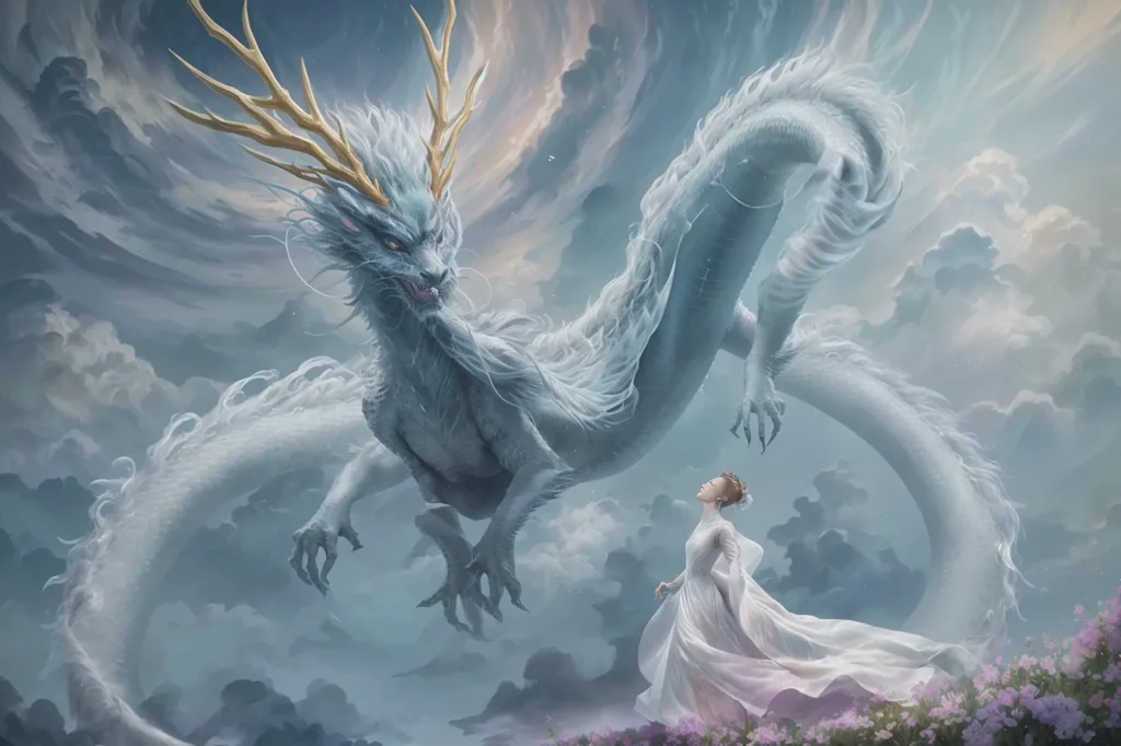 The image is a depiction of a white dragon with antlers. The dragon is flying in the sky above a field of pink flowers. The dragon has a long, serpentine body with a mane of white fur. Its antlers are made of gold, and its eyes are a deep blue. The dragon is looking down at a woman who is standing in the field. The woman is wearing a white dress, and her hair is flowing in the wind. She has her arms outstretched, and she is looking up at the dragon with a look of awe on her face.