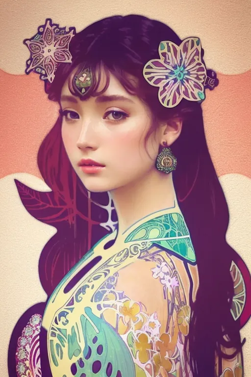 La imagen muestra a una mujer joven con el cabello negro y largo y ojos marrones. Lleva un kimono floral verde y amarillo con un obi blanco. Su cabello está decorado con flores rosas y amarillas. Mira al espectador con una expresión seria. El fondo es de un rosa pálido con un círculo de color melocotón en la esquina superior derecha y un círculo morado oscuro en la esquina inferior izquierda.