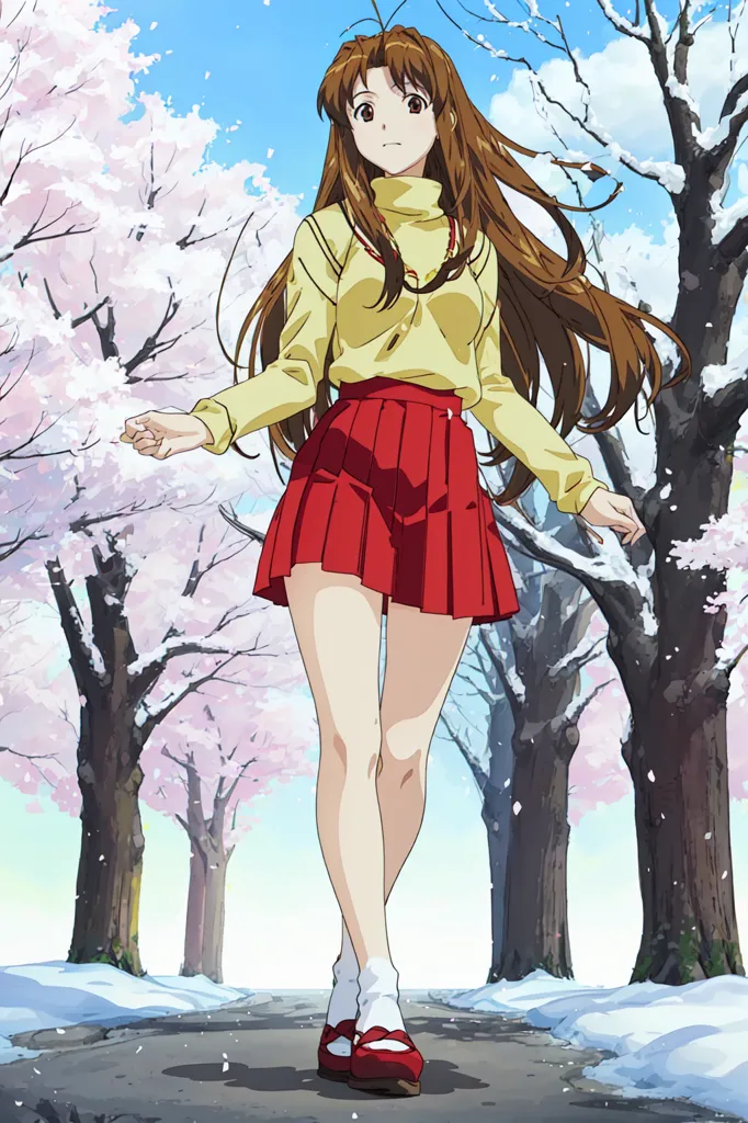 This is an image of a young woman with long brown hair wearing a yellow turtleneck blouse, red pleated skirt, and red Mary Jane shoes. She is walking down a snowy path lined with cherry trees. The cherry trees are in bloom and their pink blossoms are falling like snow. The background is a pale blue sky with a few white clouds. The image has a soft, romantic feel to it.