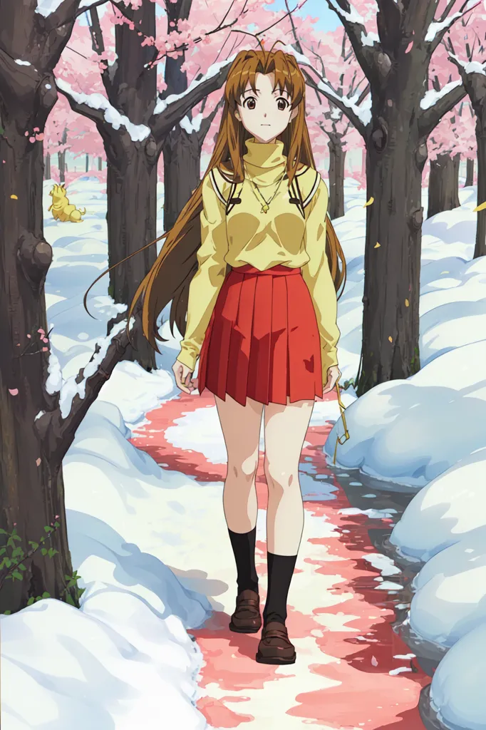 This image shows a girl with long brown hair wearing a yellow turtleneck blouse and a red pleated skirt. She is walking down a snowy path in a forest. The trees are bare, but there are some cherry blossoms blooming. The girl is wearing brown shoes and a necklace with a pendant. There is a small yellow creature with a dog-like face on the left side of the image. The background is a light blue color.