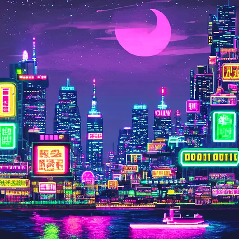 The image is a. Skyscrapers line the skyscrapers, and neon lights twinkle. A crescent moon shines in the sky. The neon lights are reflected on the surface of the water.