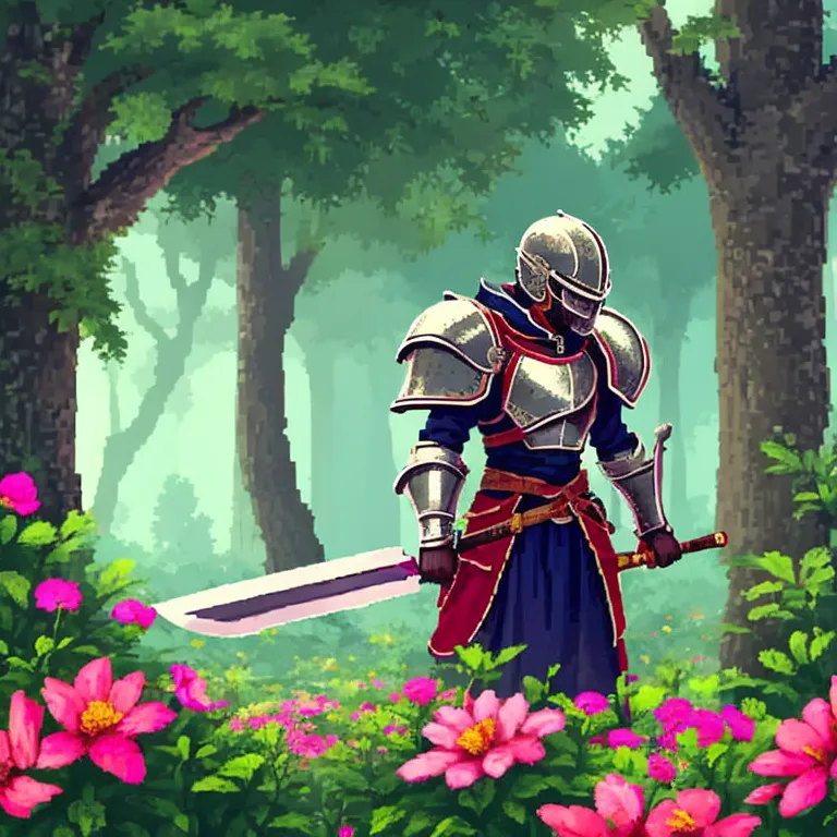 The image is a pixelated picture of a knight in a forest. The knight is wearing silver and red armor and is carrying a large sword. He is standing in a field of pink flowers, and there are green trees in the background. The knight is looking to the left of the frame, as if he is looking at something.