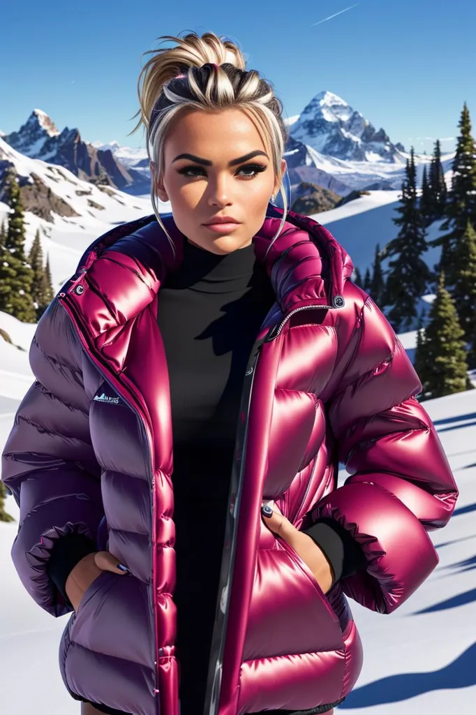 The image shows a young woman standing in a snowy mountain landscape. She is wearing a purple puffer jacket, black turtleneck, and black pants. The jacket has a high collar and a hood. The woman has her hands in her pockets and is looking at the view. Her hair is in a ponytail and she has a confident expression on her face. The background of the image is a snow-capped mountain range with trees in the foreground. The sky is clear and blue.