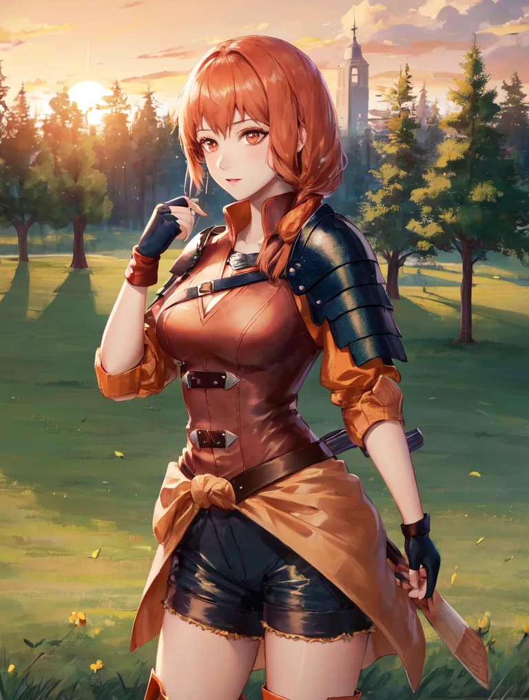 This is an image of a young woman with long orange hair and brown eyes. She is wearing a brown leather jerkin with metal shoulder pads and a yellow skirt. She is also wearing a brown belt with a yellow buckle and a pair of brown boots. She has a sword on her left hip. She is standing in a field of grass with trees and a tower in the background.