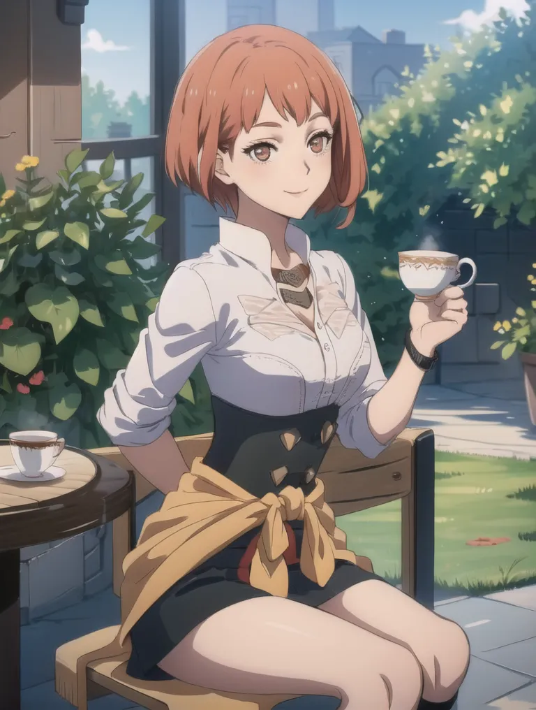 The image shows a young woman with orange hair and brown eyes. She is wearing a white blouse, a brown vest, and a yellow skirt. She is sitting in a chair in a garden, drinking from a teacup. There are two small tables beside her, each with a teacup and a small plate on it.