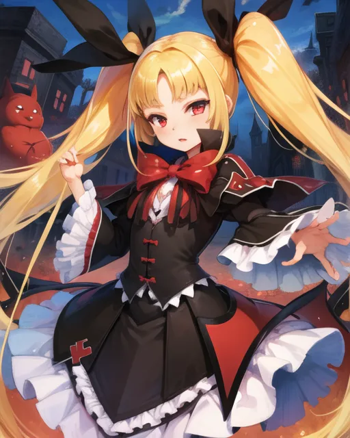 The image is of a young girl with long blonde hair and red eyes. She is wearing a black and red Gothic-style dress with a white collar and a red bow. She also has a red and black bow in her hair. The girl is standing in a dark room with a red curtain in the background. There is a small red creature with horns and a tail standing on her shoulder. The girl has a serious expression on her face.