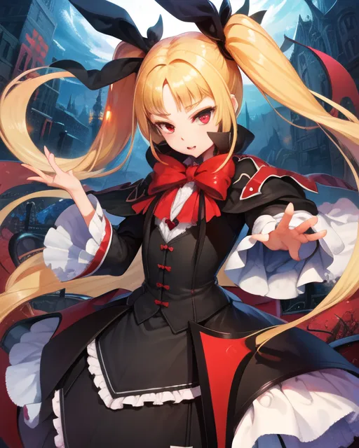 The image is a painting of a young woman with long blonde hair and red eyes. She is wearing a black and red Gothic dress with a white collar and a red bow. She is standing in front of a dark background with a full moon in the distance. She has a confident smile on her face and is holding her hand out in front of her.