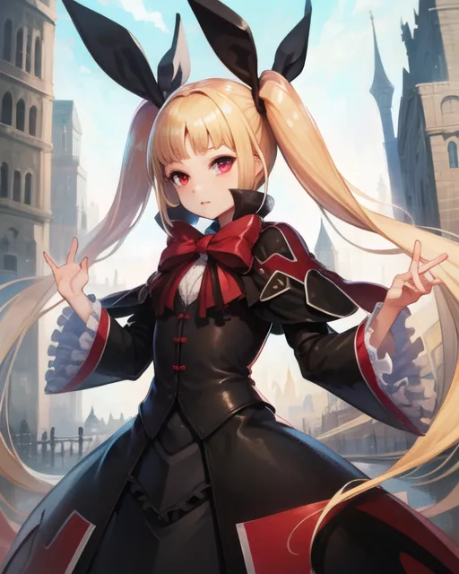 The image is of a young girl with long blonde hair and red eyes. She is wearing a black dress with a red bow and has rabbit ears. She is standing in a city with a large clock tower in the background.