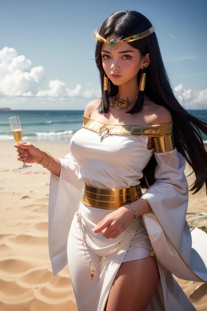 This image shows a beautiful woman, with long black hair, wearing an Egyptian-style outfit. She is wearing a white dress with a gold belt and a gold necklace. She is also wearing a gold headpiece and gold earrings. She is holding a glass of champagne in her right hand. She is standing on a beach, with the ocean behind her. The sky is blue and there are some clouds in the distance.