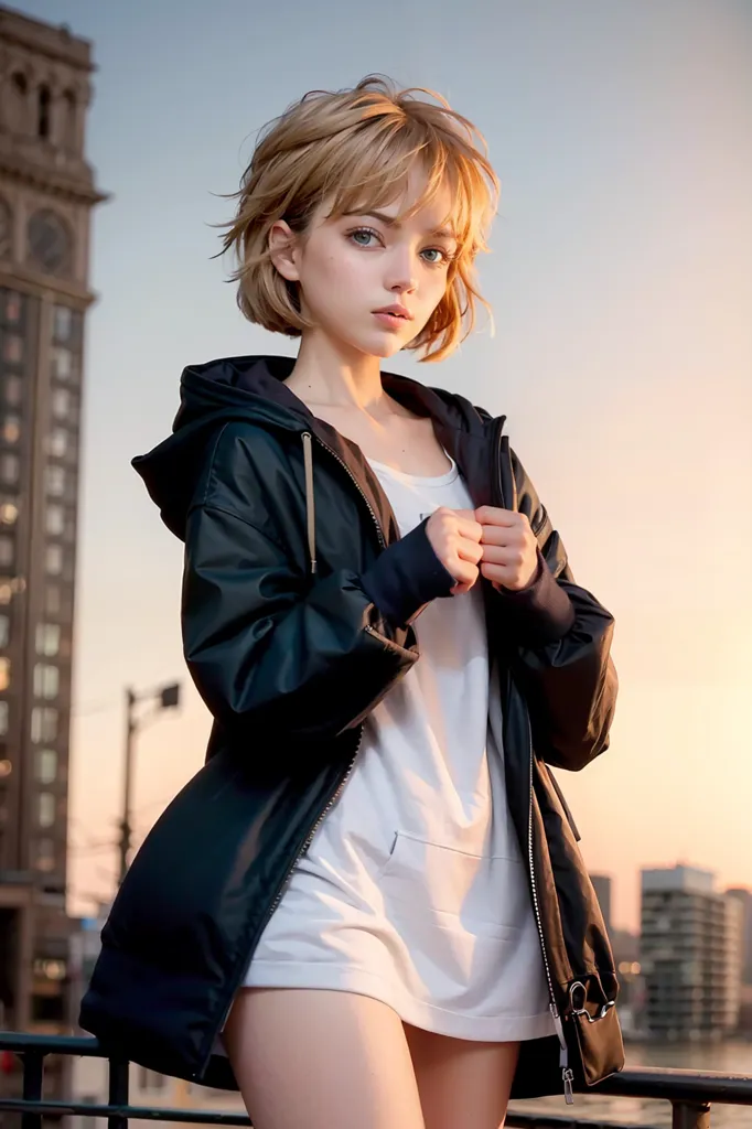 The image is a portrait of a young woman with short blonde hair and blue eyes. She is wearing a white shirt and a black jacket. She is standing in front of a city skyline at sunset. The sun is setting behind her, casting a warm glow over the scene. The woman is looking at the viewer with a serious expression on her face. She is wearing a thoughtful expression, as if she is lost in thought. The image is realistic and well-rendered. The woman's hair is particularly well-done, with each individual strand visible. The image is also well-lit, with the sun's rays casting shadows on the woman's face and clothes. The image is a beautiful and realistic portrait of a young woman.