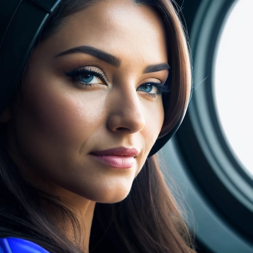 A imagem mostra uma jovem mulher com cabelos longos e escuros e olhos azuis. Ela está usando um fone de ouvido preto e olhando para a câmera com um leve sorriso no rosto. Sua pele é impecável e seus olhos são realçados com delineador escuro e cílios postiços. Ela está usando uma regata azul e seu cabelo está solto. O fundo é uma janela de nave espacial, e o reflexo de um planeta pode ser visto no vidro.