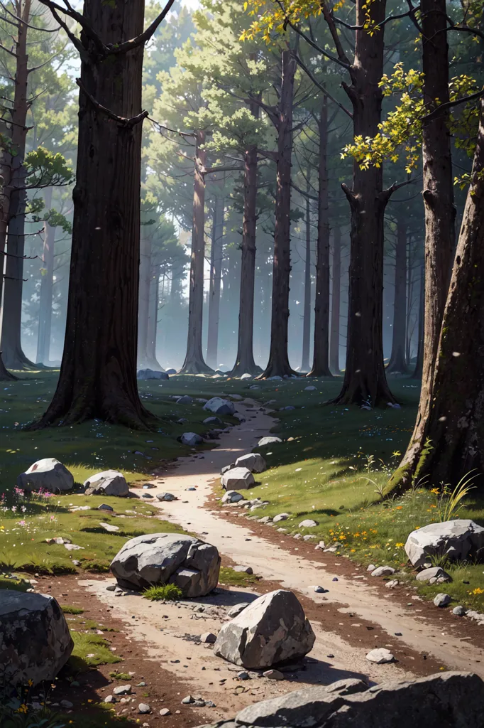 The image is a digital painting of a forest. The forest is made up of tall, straight trees with green leaves. The trees are so tall that they block out the sun, creating a dark and shadowy atmosphere. The ground is covered in moss, grass, and fallen leaves. There is a path that runs through the forest, and it is made of dirt and rocks. The path is winding and narrow, and it seems to lead to nowhere. There is a large rock in the foreground of the image, and it is covered in moss. The rock is in the middle of the path, and it seems to be blocking the way.