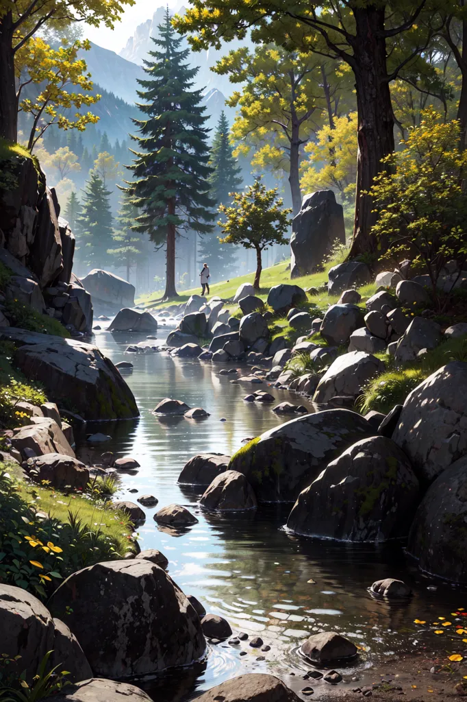 The image is of a beautiful landscape with a river running through it. The water is crystal clear and you can see the rocks and pebbles on the bottom. The banks of the river are covered in lush green grass and trees. There is a large rock in the middle of the river, and a small waterfall to the left. In the background, there are tall mountains covered in snow. The sky is a clear blue and the sun is shining brightly. There is a person standing on the left side of the image, they are wearing a white shirt and black pants and they are holding a staff.