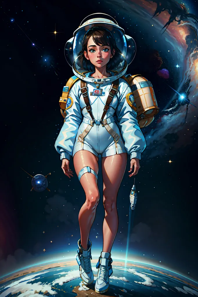 Ceci est une image d'une jeune fille dans une combinaison spatiale avec son casque. Elle se tient debout sur un petit planétoïde, avec la Terre en arrière-plan. Il y a aussi des étoiles et une nébuleuse en arrière-plan. La fille porte une combinaison spatiale blanche avec des détails bleus et jaunes. Elle a un pistolet dans sa main droite. Elle regarde le spectateur avec une expression déterminée.