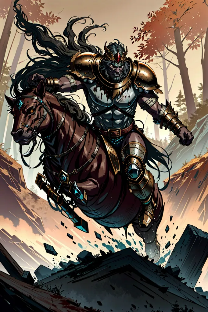 The image is of a muscular, dark-skinned man with long black hair and a beard. He is wearing a loincloth and a breastplate, and he is mounted on a black horse. The man is holding a sword in his right hand, and he is surrounded by rocks and trees. In the background, there is a mountain range. The image is drawn in a realistic style, and the colors are vibrant and saturated.