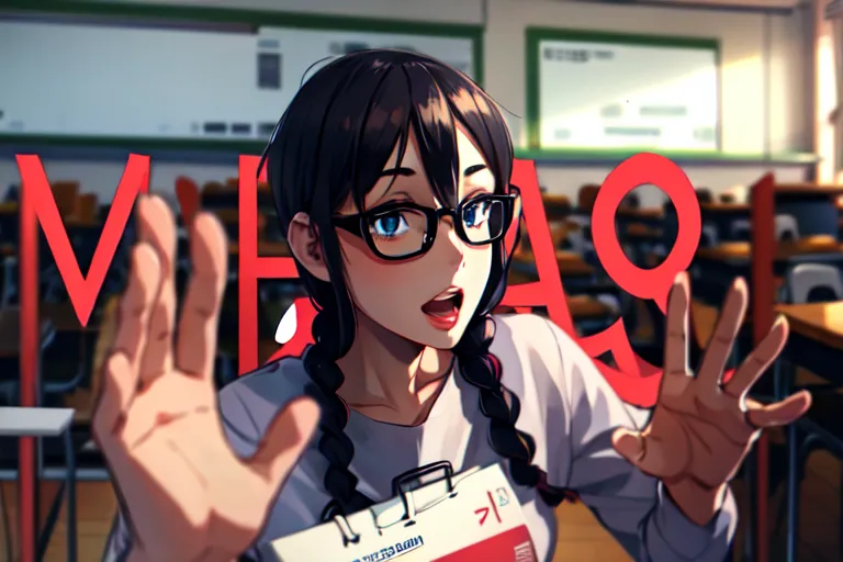 This is an image of a young woman standing in a classroom. She has brown hair, blue eyes, and is wearing glasses. She is wearing a white shirt and a black skirt. She is holding her hands out in front of her and has her mouth open in an excited expression. There is a chalkboard behind her with the word \