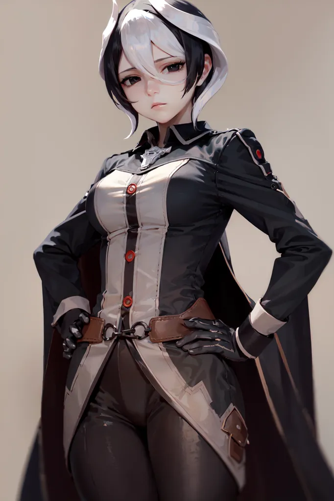 The image is of a young woman with white and black hair. She is wearing a black and white outfit with a long black cape. She has a serious expression on her face and is looking at the viewer with her brown eyes. She is standing with her hands on her hips.