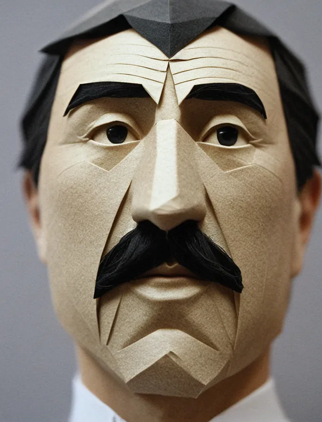 The image is a 3D origami sculpture of a man's head. The sculpture is made of light brown paper and has black hair, brown eyes, and a mustache. The man is wearing a white shirt and has a serious expression on his face. The sculpture is mounted on a gray background and is lit from the front.