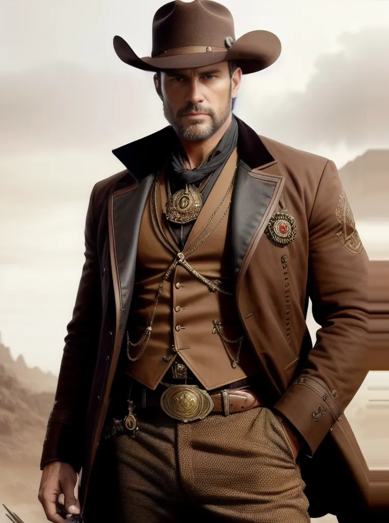 Esta imagem mostra um homem usando um chapéu de cowboy, um terno marrom e um colete. Ele também está usando uma gravata e um relógio de bolso. Ele tem uma arma na mão. Ele está em pé em uma paisagem desértica.