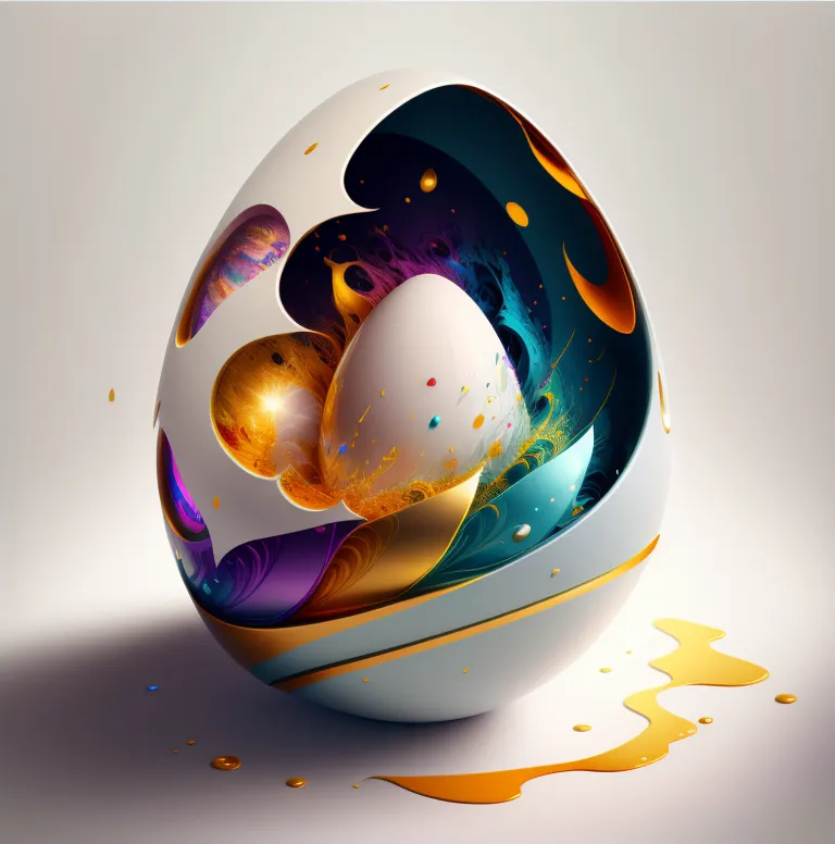 This is a 3D rendering of an egg. The egg is white with a gold band around the middle. The top of the egg is cracked open, revealing a dark blue interior with a glowing white orb in the center. The egg is sitting on a white surface with a few drops of yellow liquid spilled around it. The background is a very light grey.