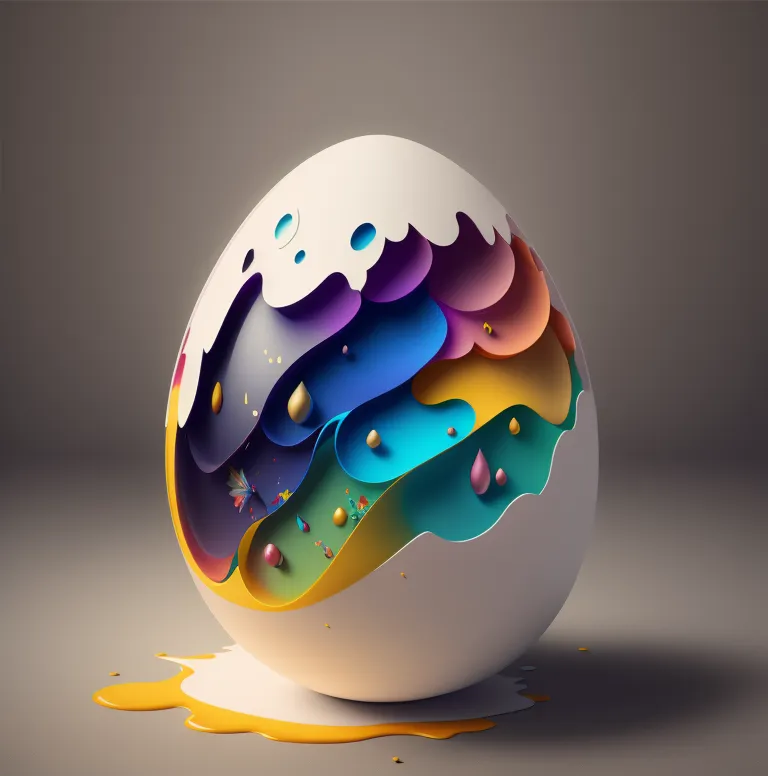 This is a 3D rendering of an egg. The egg is white and has a cracked shell. The crack reveals multiple layers of colored liquid inside the egg. The colors are blue, green, yellow, orange, and pink. The egg is sitting on a gray surface.