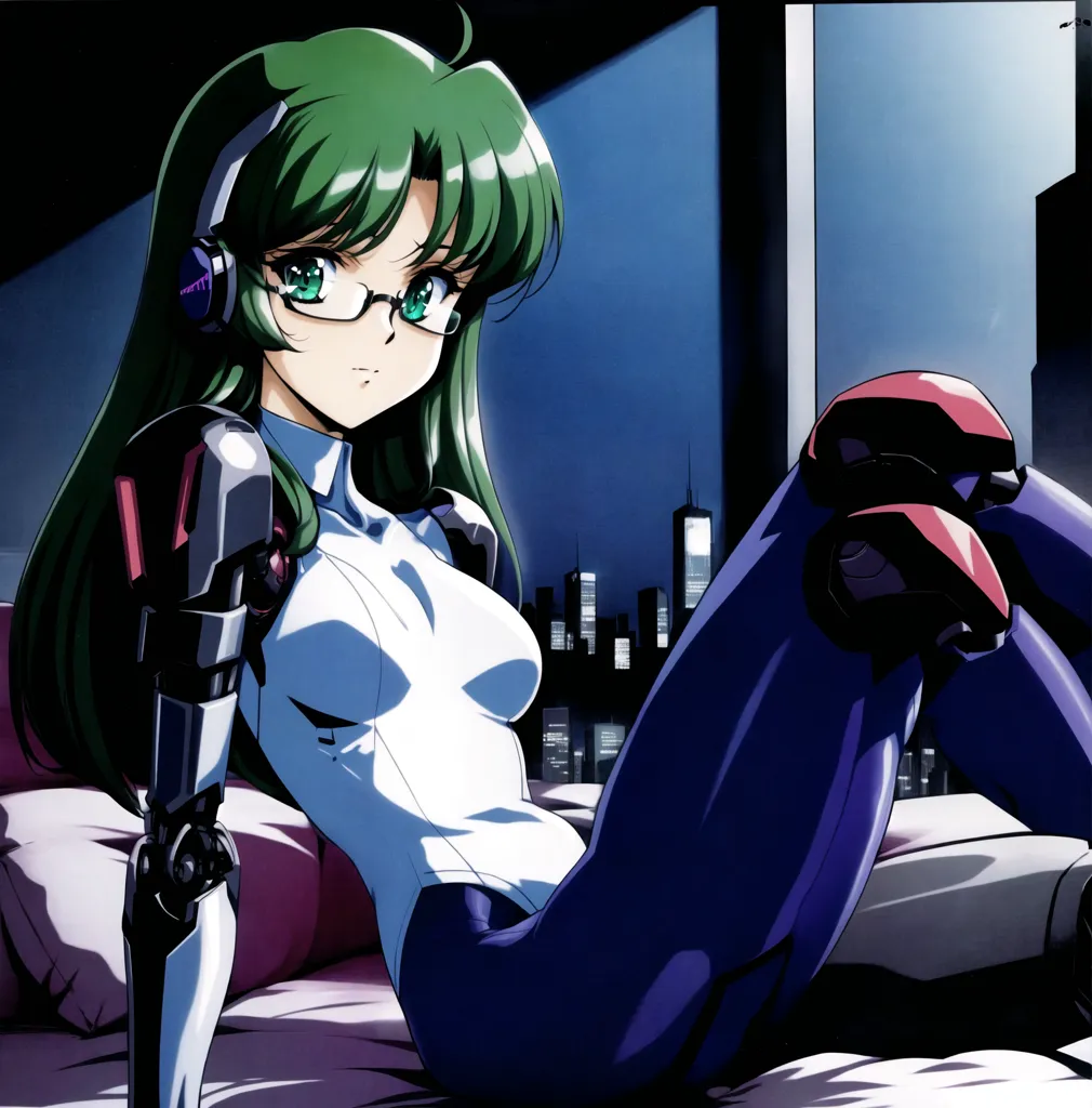 La imagen es de una hermosa chica de anime con cabello verde y ojos verdes. Ella está usando un body blanco y un par de gafas. También está usando un par de auriculares y tiene un brazo robótico. Ella está sentada en una cama frente a una ventana. La ventana muestra un paisaje urbano. La chica mira al espectador con una expresión seria en su rostro.